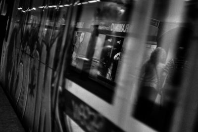 High angle view of people in train