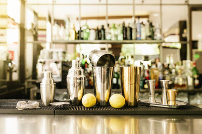 Close-up of bottles on table at home