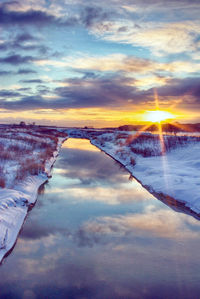 Scenic view of snow covered landscape against sky during sunset