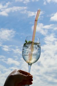 Cropped hand of woman holding wineglass against cloudy sky during sunny day