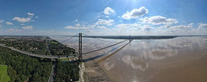 Drone aerial photographs of the humber bridge, uk