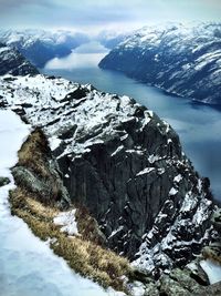 Scenic view of snow covered mountains