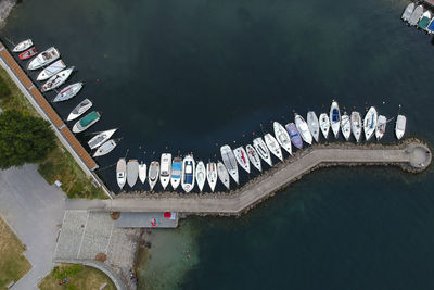 Aerial view of a dock with moored boats