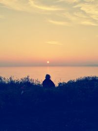 Rear view of silhouette man on beach against sky during sunset