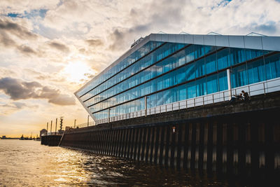 A panoramic view of the dockland building and the river elbe in hamburg with sun and clouds.