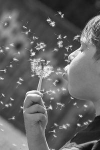 Close-up of boy blowing dandelion on sunny day