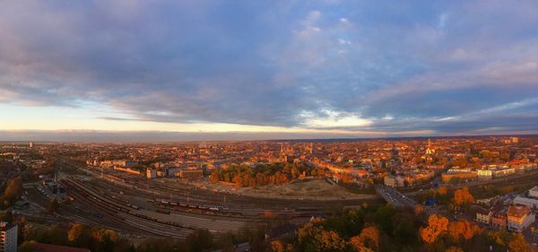 High angle view of townscape against sky during sunset