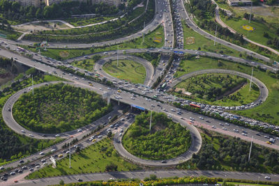 High angle view of highway by road in city