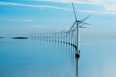 Windmills on sea against sky 