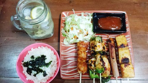 High angle view of food served on table