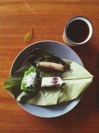 High angle view of breakfast on table