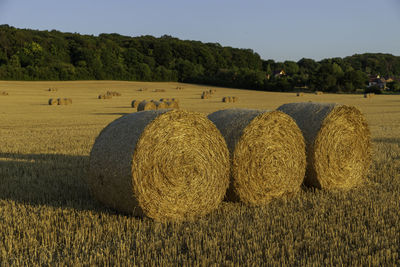 Hay bales on field against sky