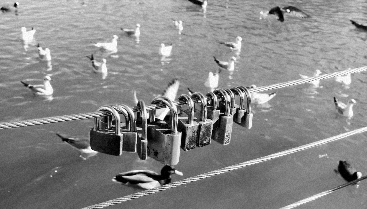 HIGH ANGLE VIEW OF PADLOCKS ON CHAIN