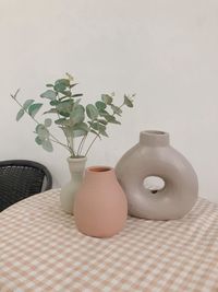 Potted plant on table against wall at home