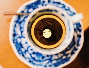 High angle view of camera on table