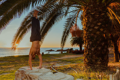 Side view of anonymous male shirtless athlete doing yoga poses on rocky fence with empty beach blue sea and palm leafs on background during sunset