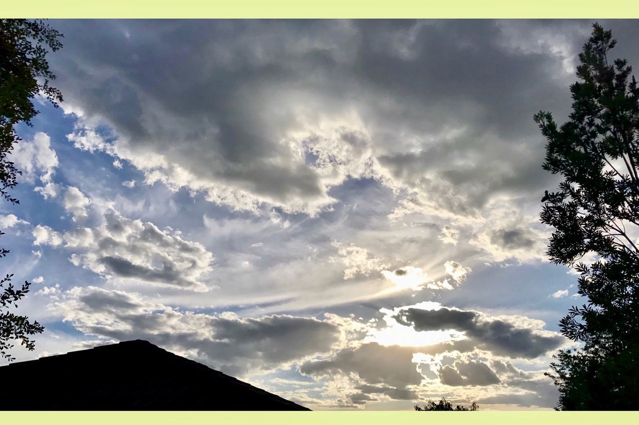 sky, cloud - sky, no people, beauty in nature, nature, low angle view, sunbeam, outdoors, tree, mountain, day