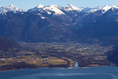Aerial view of snowcapped mountains against sky