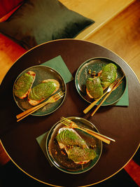 High angle view of food in bowl on table