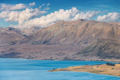 Scenic view of lake and mountains against sky