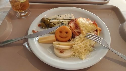 High angle view of breakfast served on table