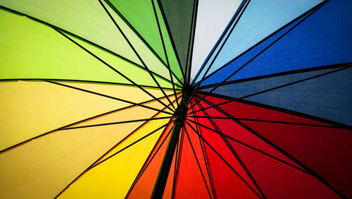 Low angle view of colorful umbrella against blue sky