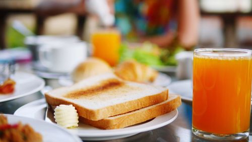 Close-up of breakfast on table