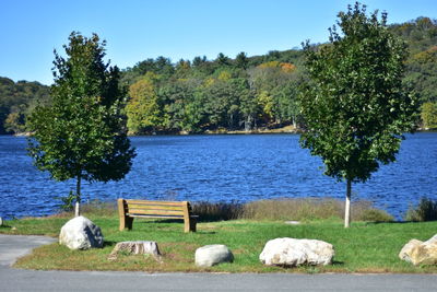 Scenic view of lake and trees against sky