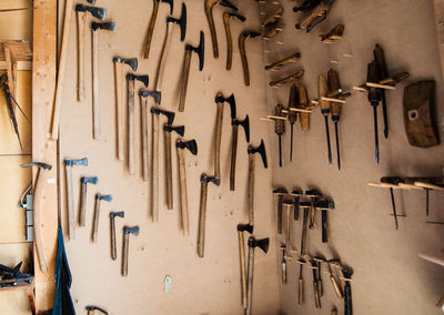 Close-up of tools hanging on wall