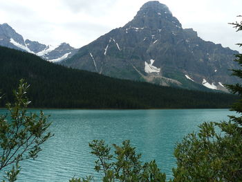 Scenic view of lake with mountains in background