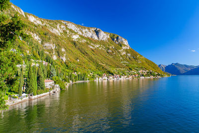 Scenic view of lake by trees against blue sky