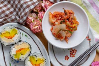 High angle view of meal served on table
