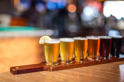 Close-up of beer flight on table at restaurant or microbrewery