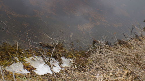 High angle view of snow on field