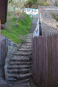 Footpath by railing against wall