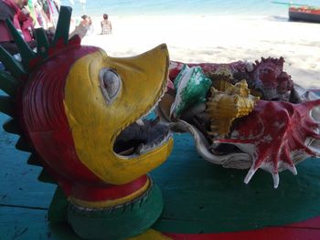 Close-up of yellow boat on beach