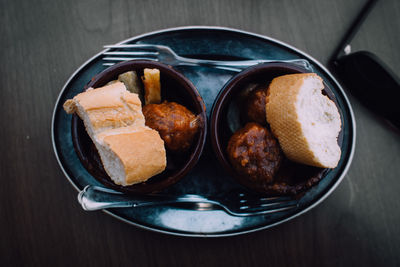 Close-up of food served on tray