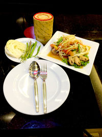 High angle view of food served on table