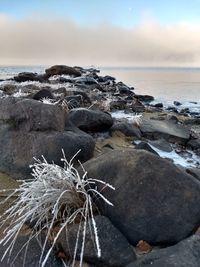 Rocks on beach against sky