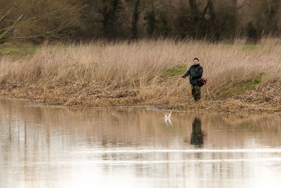 Reflection of man in lake