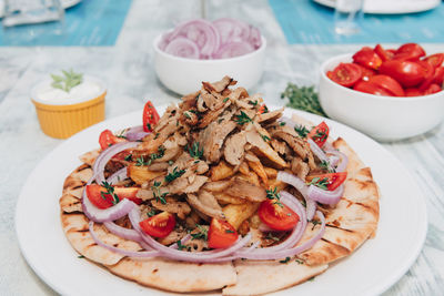 High angle view of salad in plate on table