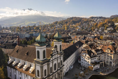 Switzerland, canton of lucerne, lucerne, aerial view of church of saint francis xavier in autumn