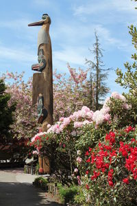 View of totem pole by flowering plants against sky