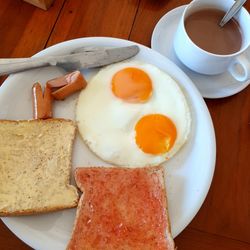 High angle view of breakfast served on table