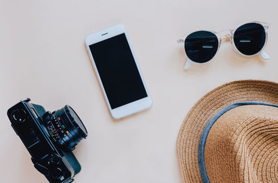 High angle view of mobile phone on table
