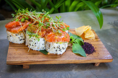 Close-up of fish served on table