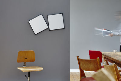 Empty chairs and table against wall at home