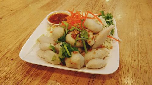 High angle view of salad in plate on table