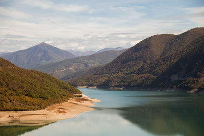 Scenic view of lake and mountains against sky