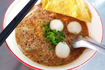 High angle view of soup in bowl